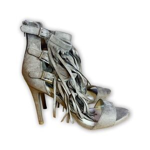 Wild Diva Tan Fringed Open Toe Heels Zip Up